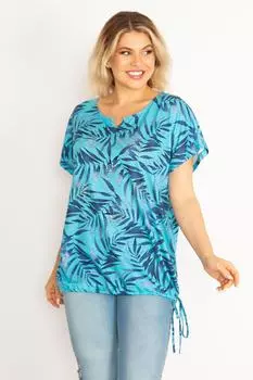 Женская кружевная блузка большого размера с синим камнем и детальным подолом, 65n34629 ans, бирюзовый