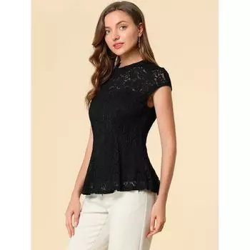 Женская кружевная блузка с цветочным принтом и круглым вырезом без рукавов и баской, топ ALLEGRA K, белый