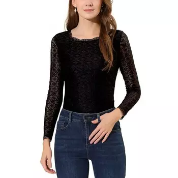 Женская кружевная блузка с круглым вырезом и длинными рукавами, прозрачная цветочная вышивка ALLEGRA K, черный