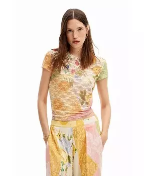 Женская кружевная футболка с цветами Desigual, мультиколор