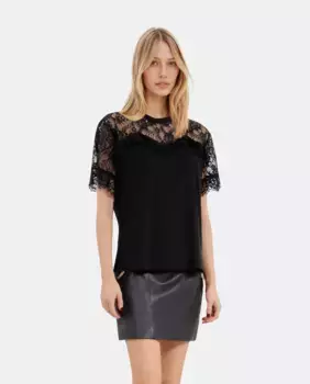 Женская кружевная футболка с коротким рукавом The Kooples, черный