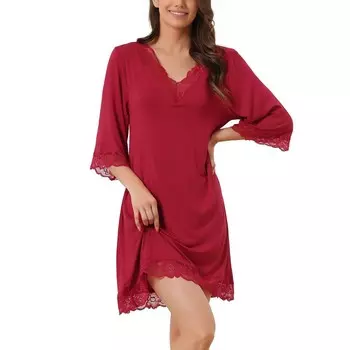 Женская кружевная ночная рубашка, мягкая ночная рубашка с половиной рукавов, домашняя одежда, пижамная ночная рубашка Cheibear, цвет Wine Red