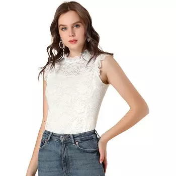 Женская кружевная полупрозрачная блузка без рукавов с рюшами ALLEGRA K, белый