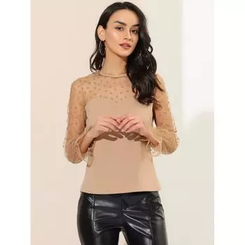 Женская кружевная прозрачная блузка с круглым вырезом в горошек и длинными сетчатыми рукавами ALLEGRA K, черный