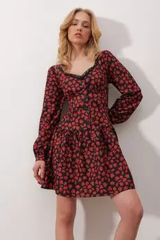 Женская кружевная юбка с вытачками и красным воротником, юбка средней длины с цветочным узором, платье средней длины с оборками ALC-X9766 Trend Alaat Stili, красный