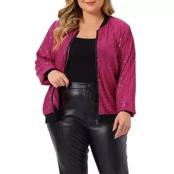 Женская куртка-бомбер на молнии с металлическими пайетками больших размеров Agnes Orinda, цвет Hot Pink