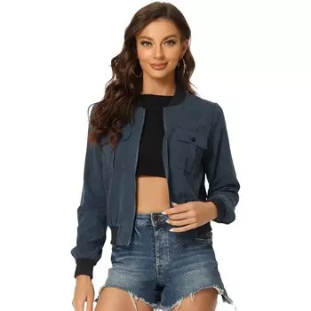 Женская куртка-бомбер с воротником-стойкой и длинным рукавом на молнии с карманом и клапаном ALLEGRA K, цвет Navy Blue