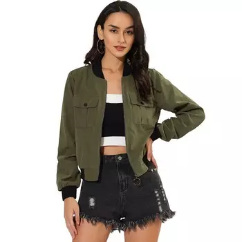 Женская куртка-бомбер с воротником-стойкой и длинным рукавом на молнии с карманом и клапаном ALLEGRA K, цвет Olive Green