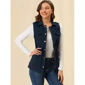 Женская куртка-карго без рукавов на молнии с кулиской на талии ALLEGRA K, черный