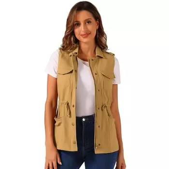 Женская куртка-карго без рукавов на молнии с кулиской на талии ALLEGRA K, цвет Deep Khaki