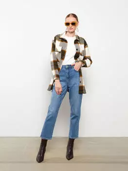 Женская куртка-рубашка из габардина в клетку с застежкой на пуговицы спереди LCWAIKIKI Classic