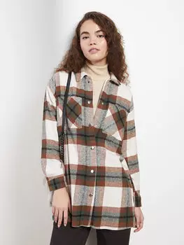 Женская куртка-рубашка из габардина в клетку с длинными рукавами оверсайз LCW Modest
