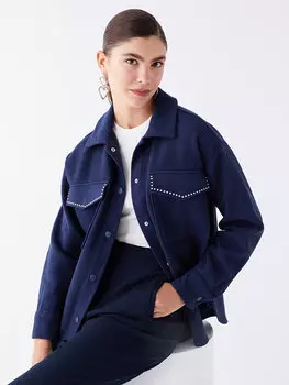 Женская куртка-рубашка оверсайз с длинными рукавами и блестящим каменным принтом LCW Vision, темно-синий