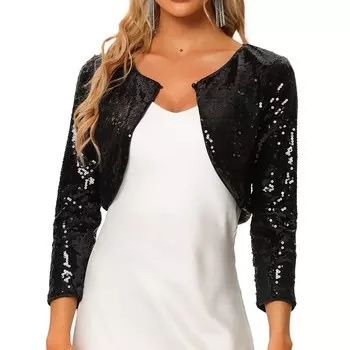 Женская куртка с пайетками, блестящий кардиган с открытыми плечами и рукавами 3/4, укороченный болеро спереди ALLEGRA K, черный