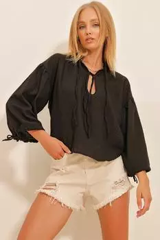 Женская льняная блузка с черным воротником и объемными рукавами Trend Alaat Stili, черный