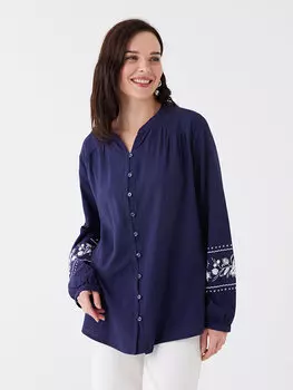 Женская льняная блузка со свободным вырезом и длинным рукавом с принтом LCW Grace