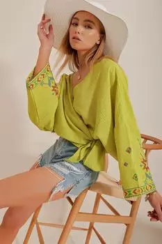 Женская льняная двубортная блузка с масляно-зелеными рукавами и вышивкой Trend Alaat Stili, зеленый