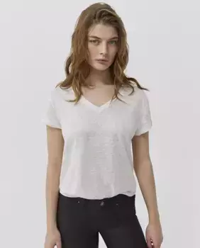Женская льняная футболка с короткими рукавами и V-образным вырезом IKKS, белый