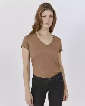 Женская льняная футболка с V-образным вырезом и короткими рукавами IKKS, коричневый