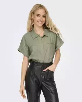 Женская льняная рубашка с коротким рукавом Only, зеленый