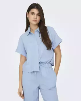 Женская льняная рубашка с коротким рукавом Only, голубой