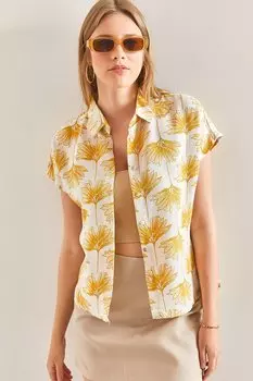 Женская льняная рубашка с разноцветными узорами и рукавами «летучая мышь» Bianco Lucci, бежевый