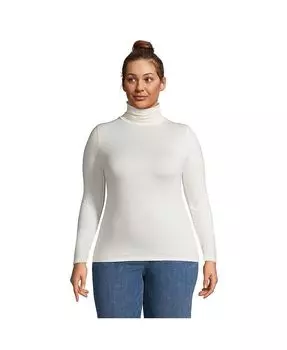 Женская легкая приталенная футболка больших размеров с высоким воротником и длинными рукавами Lands' End, слоновая кость/кремовый