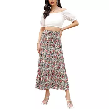 Женская летняя эластичная юбка макси с высокой талией в стиле бохо, повседневная длинная юбка трапециевидной формы с рюшами, струящаяся юбка-миди MISSKY, цвет White Flower