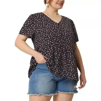 Женская летняя элегантная блузка с баской и v-образным вырезом с цветочным принтом больших размеров Agnes Orinda, желтый