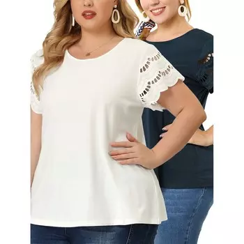 Женская летняя элегантная рабочая блузка с короткими рукавами и кружевной вставкой больших размеров Agnes Orinda, цвет Dark Blue White