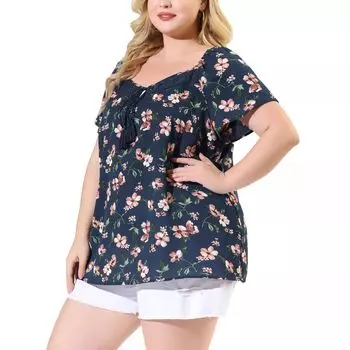 Женская летняя блузка больших размеров с цветочным принтом в стиле ретро и завязками на шее Agnes Orinda, темно-синий
