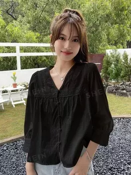 Женская летняя модная рубашка с v-образным вырезом и цветочной вышивкой Dazy, черный