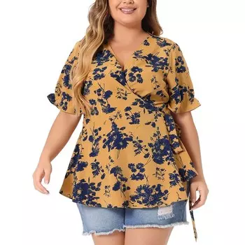 Женская летняя одежда больших размеров, красочная блузка с запахом и цветочным принтом Agnes Orinda, желтый