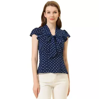 Женская летняя офисная блузка в горошек с галстуком-бабочкой и V-образным вырезом с оборками и рукавами-крылышками ALLEGRA K, цвет Dark Blue