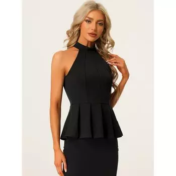 Женская летняя пляжная плиссированная блузка без рукавов с лямкой на шее и баской, топы ALLEGRA K, черный