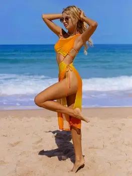 Женская летняя пляжная пляжная футболка Bikinx с градиентным принтом, сетчатым капюшоном, завязками и вырезами, оранжевый цвет