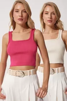 Женская летняя укороченная блузка из двух частей темно-розового цвета цвета экрю Happiness stanbul, разноцветный