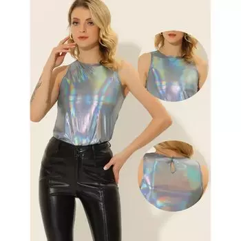 Женская майка без рукавов с круглым вырезом металлик и принтом Cam ALLEGRA K, золотой