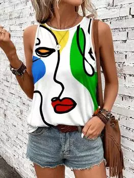 Женская майка без рукавов SHEIN LUNE с ярким случайным принтом и круглым вырезом, белый цвет