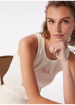 Женская майка цвета экрю с круглым вырезом и принтом BRB4SL-TST6061 Barbie, экрю
