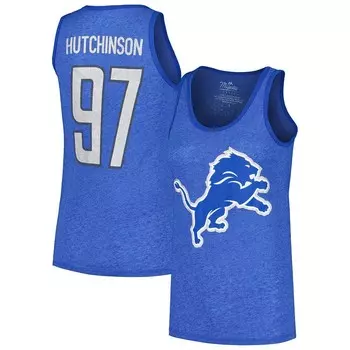 Женская майка Majestic Threads Aidan Hutchinson Heather Blue Detroit Lions с именем и номером Tri-Blend, цвет Lns Multi