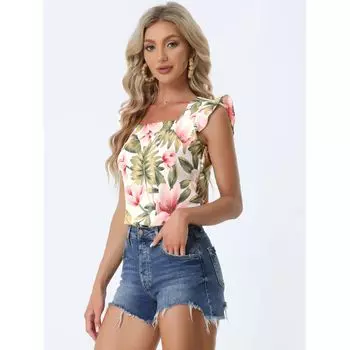 Женская майка с квадратным вырезом и рюшами в тропическом принте ALLEGRA K, белый
