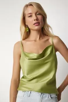Женская масляно-зеленая атласная стильная блузка с ремешками Happiness stanbul, зеленый