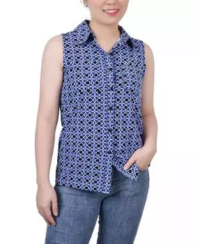 Женская миниатюрная блузка без рукавов с вырезом на пуговицах и воротнике спереди NY Collection, мультиколор