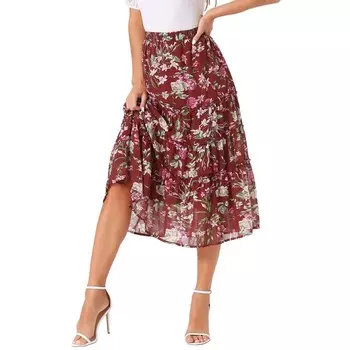 Женская многоярусная юбка макси с эластичной резинкой на талии и цветочным принтом ALLEGRA K, цвет Burgundy