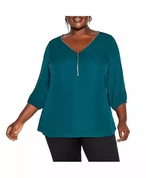 Женская мода свободный топ с рукавами до локтя и застежкой-молнией на шею CITY CHIC, зеленый