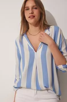 Женская небесно-голубая белая блузка из вискозы оверсайз с шалевым воротником Happiness stanbul, синий