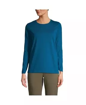 Женская непринужденная хлопковая футболка с круглым вырезом и длинными рукавами Supima Lands' End, синий