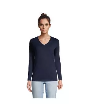 Женская непринужденная хлопковая футболка Supima с длинными рукавами и v-образным вырезом Lands' End