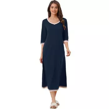 Женская ночная рубашка для сна полной длины с рукавами 3/4 и V-образным вырезом с карманами Cheibear, синий